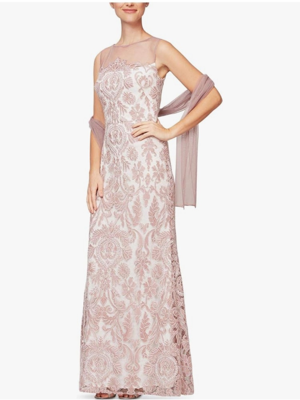 Alex Evenings Dusty Rose Lace Embroidered Maxi Gown with Chiffon Shawl